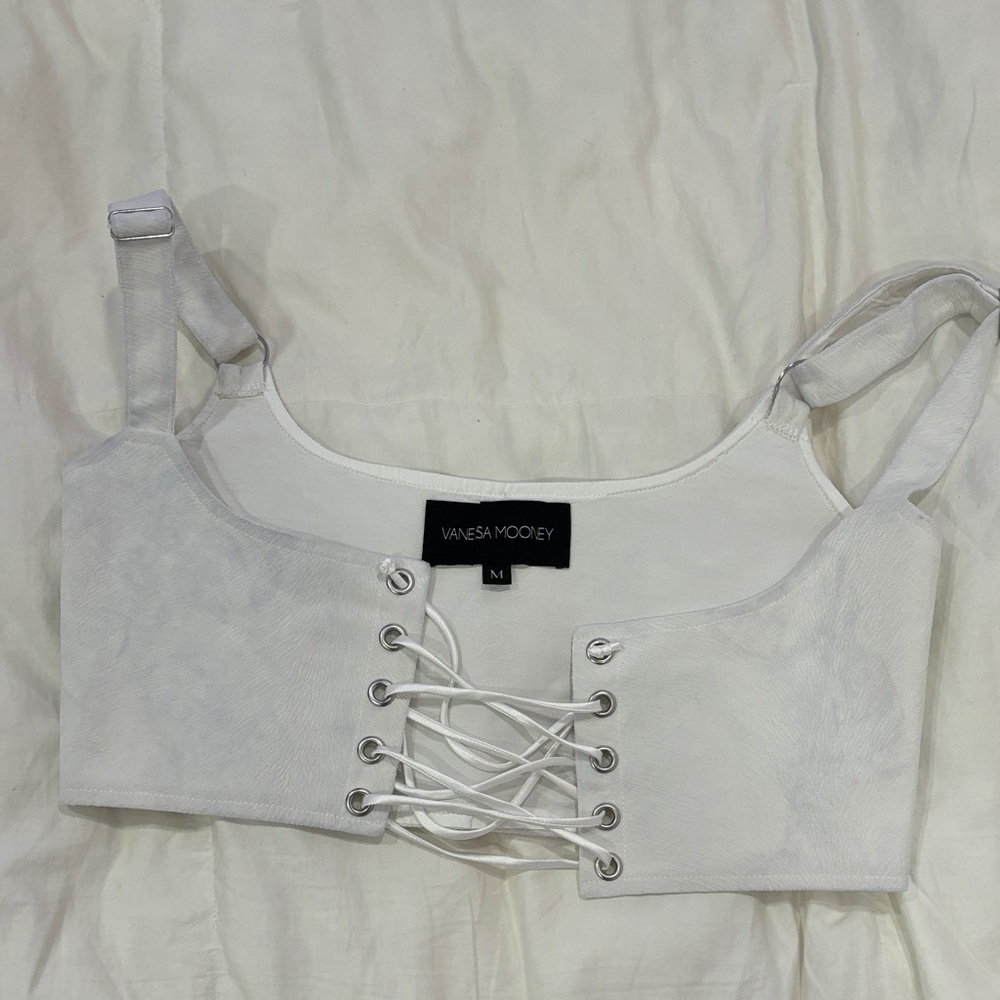 Vanessa Mooney Ivory Lace-Up Crop Top